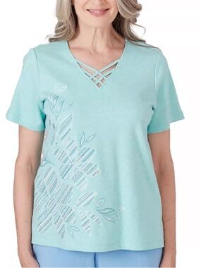 Alfred Dunner Teal Crisscross V-Neck Short Sleeve Top
